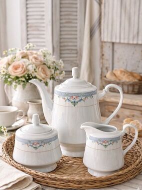 Vintage 90s Macy’s Cellar Claudette Blue Floral Tea Set Teapot Creamer Sugar